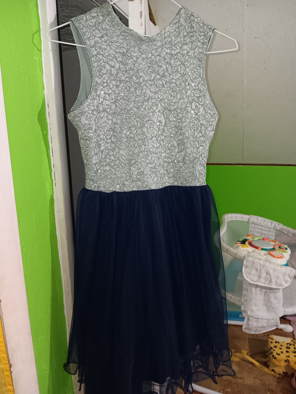 Girls Silver Lace & Navy Tulle Dress